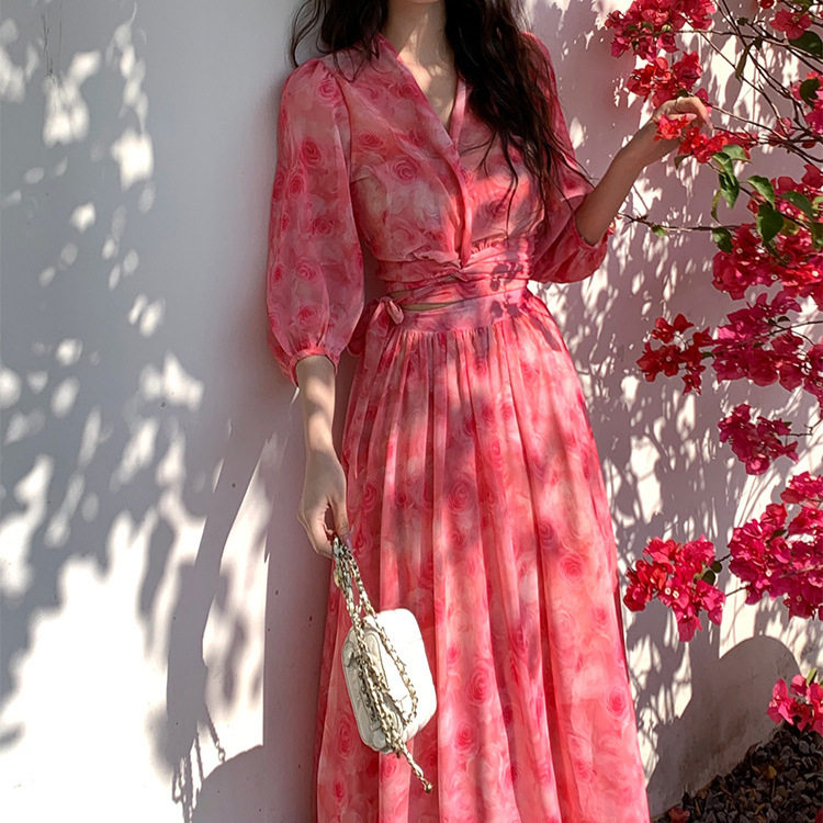 High Quality Summer Vacation Dress Floral Chiffon Sexy V Neck Cross Tie Design Perfect for Beach or Party Wholesale