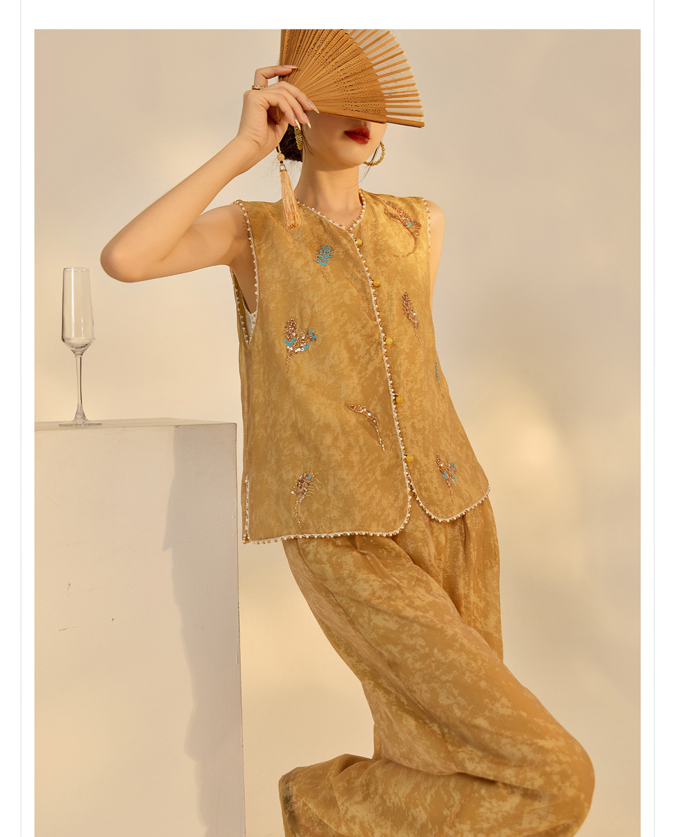 Set gile thêu đính cườm kèm quần dài nữ phong cách thanh lịch — Quần dài màu mơ, Quần dài màu xanh lục, Gi lê màu hồng, Gi lê màu xanh lục