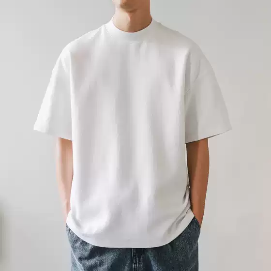 400g small neckline American heavy white T-shirt men's summer high weight cotton loose short sleeve solid color bottoming T-shirt
