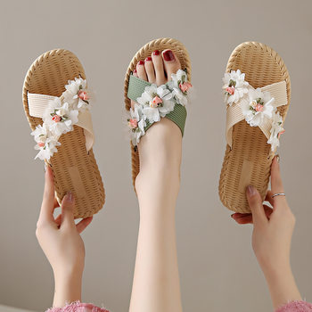 Slippers Women's Summer Cloth Flower Three-Flower Outfit Fashion Wear-Resistant Non-Slip Cross Strap Flat Beach Shoes Women's Sandals
