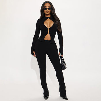 European and American Cross-Border Autumn and Winter New Women's Fashion Hollow Hook Zipper Top Sexy Slim Pants Two-Piece Set