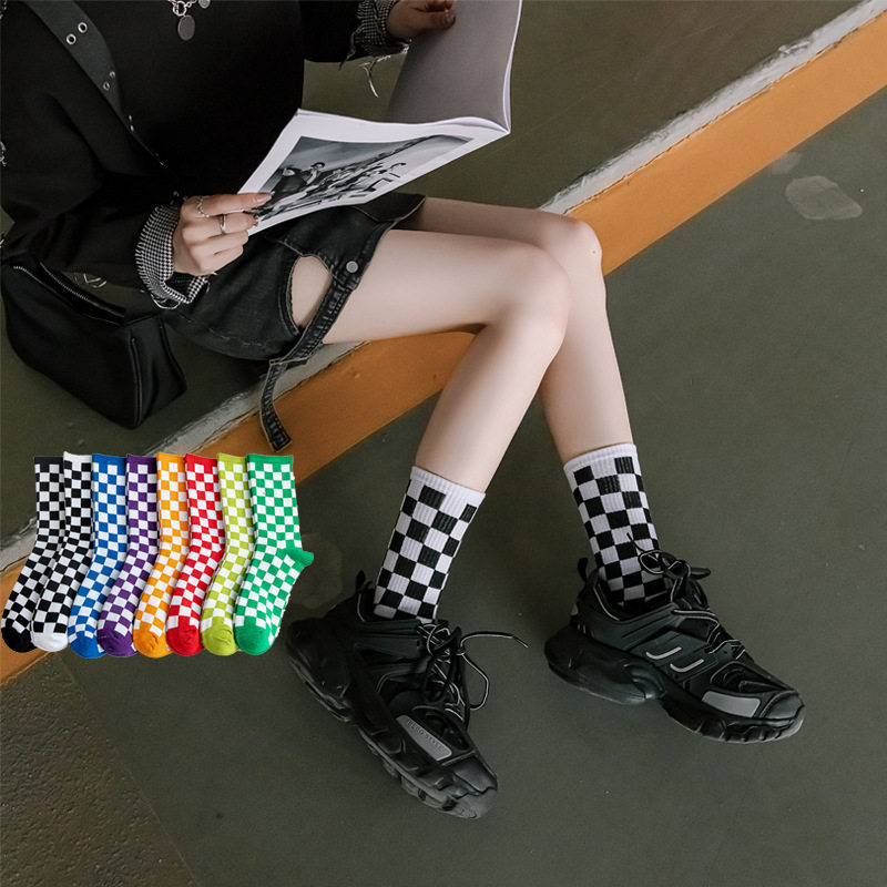 checkerboard socks for women, mid-calf, Douyin, internet cel...