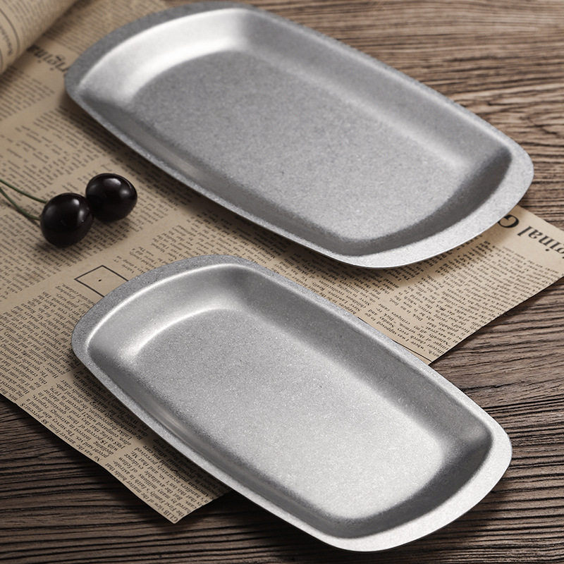 Retro Old Stainless Steel Rectangular Plate Flats Bottom Dish Snack Snack Plate Shallow Plate Commercial Barbecue Tray