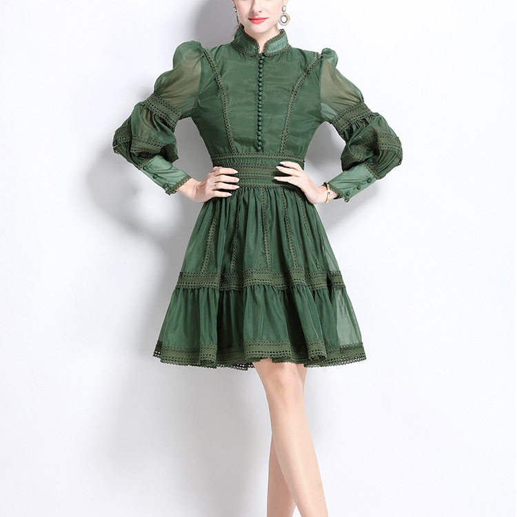 Elegant Puff Sleeve Lace Mesh Dress High End French Style Lantern Sleeves A Line Silhouette Perfect for Formal