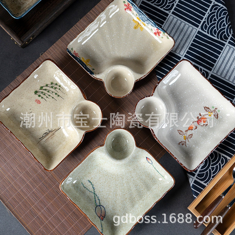 Japanese-Style Hand-Painted Ceramic Dumpling Plate with Vinegar Dish, Square Dumpling Plate, Household Sushi Plate, French Fries Plate, Chinese Trendy Style