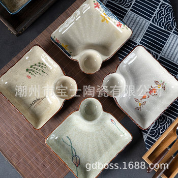 Japanese-Style Hand-Painted Ceramic Dumpling Plate with Vinegar Dish, Square Dumpling Plate, Household Sushi Plate, French Fries Plate, Chinese Trendy Style