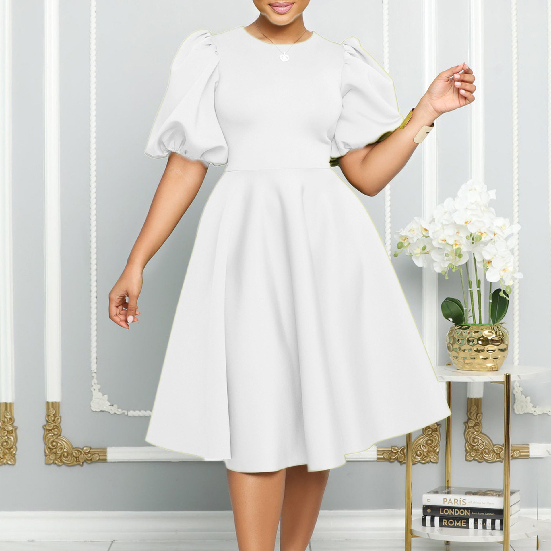 A Line Dress Round Neck Puff Sleeves Waist Defined Flowy Hem Elegant Evening Wear Wholesale Available