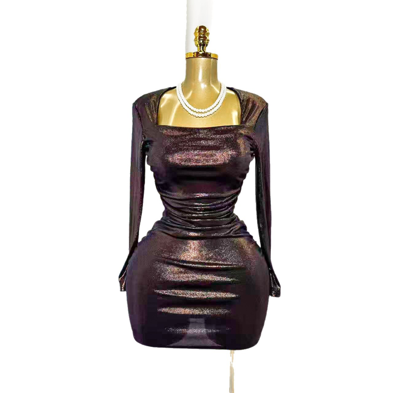 Long Sleeve Bodycon Mini Dress Stretchy Shiny Fabric Slim Fit Autumn Party Wear Wholesale Available