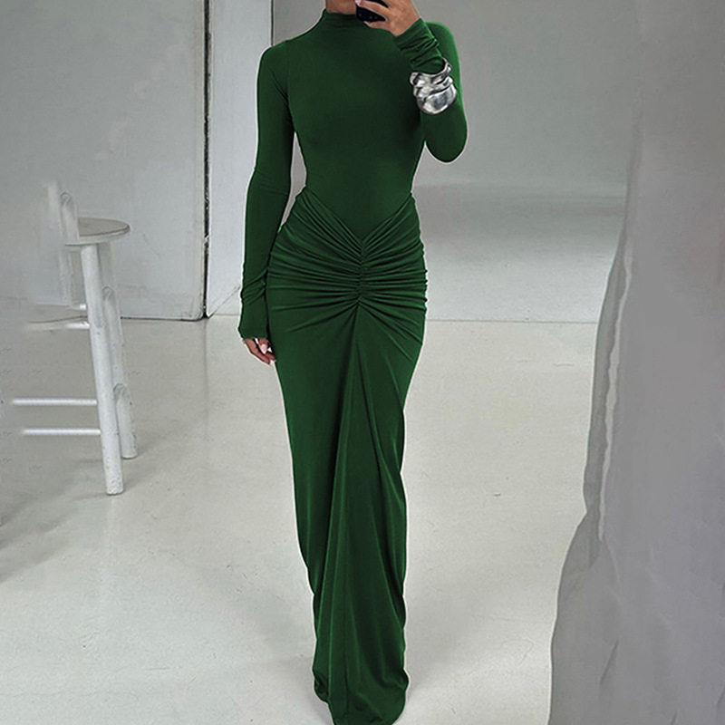 Elegant Solid Color Long Dress Slimming Fit Ruffled Design Perfect for Fall Winter Wholesale Available
