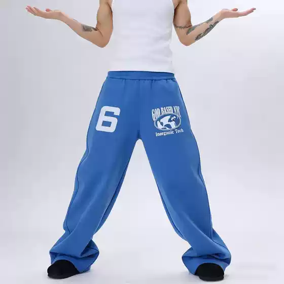 American-Style Embroidered Blue Wide-Leg Pants for Men, Spring and Autumn, Relaxed Fit, Versatile Casual Thickened Sweatpants