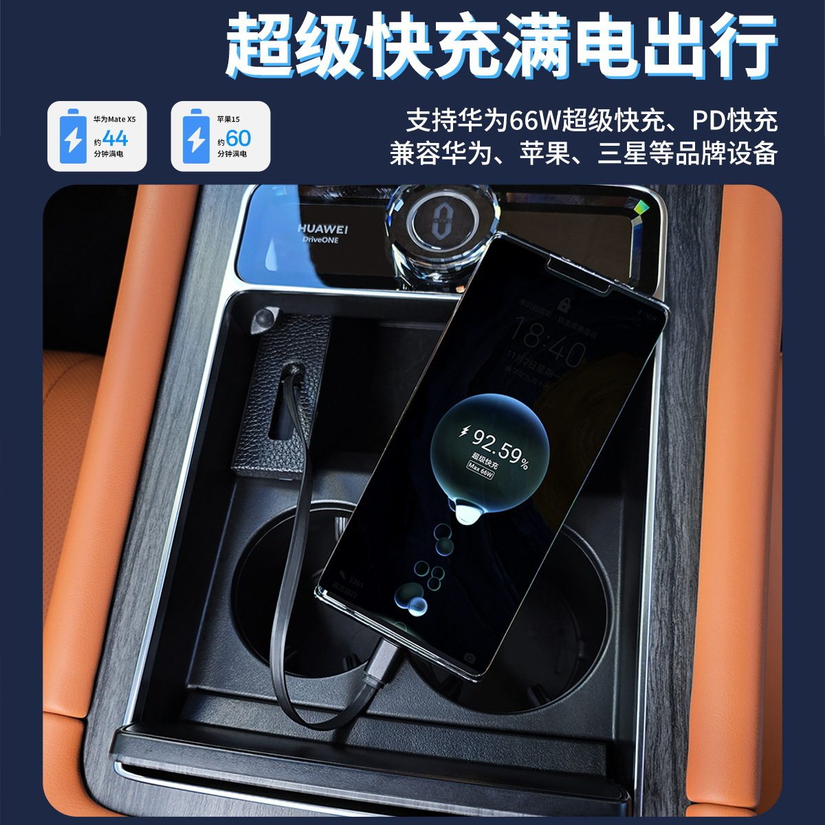 Suitable for Wenjie M9 Car Front Car Charging Head Huawei 66W with Adapter Fast Charging Pd Retractable Data Cable