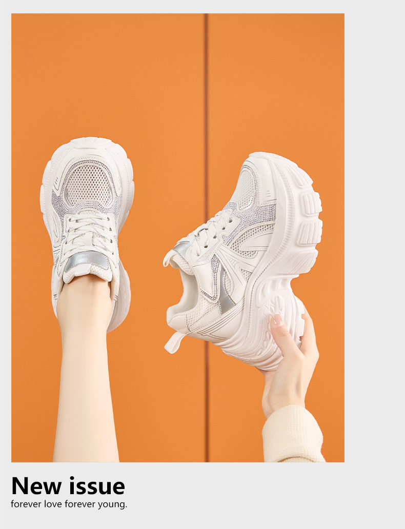 Giày sneaker nữ đế dày chunky tăng chiều cao lưới thoáng khí mùa hè — Trắng, Bạc chi tiết 12