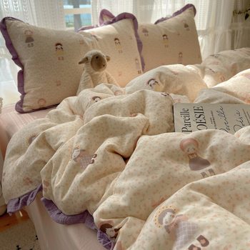 Mother and Baby Grade a Four-Piece Set of Pure Cotton Lace Super Soft Ins French Style Quilt Cover Student Dormitory Three-Piece Bed Set