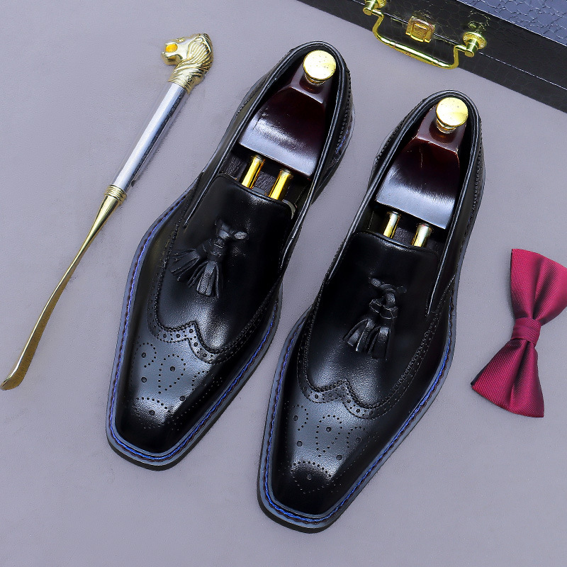 Giày da nam da bò thật chạm khắc brogue cổ thấp kiểu lười có tua rua — Màu nâu (cạnh xanh), Màu nâu (viền đen), đen (cạnh xanh), đen (viền đen)