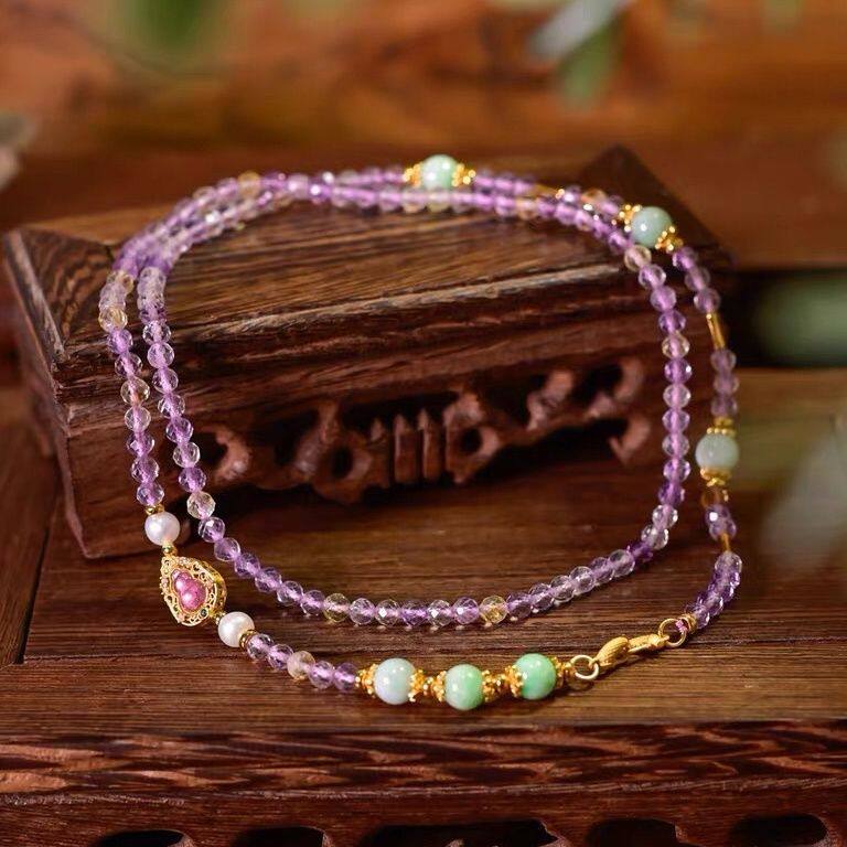 Authentic Natural Amethyst Necklace Women's Double Buckle Universal Necklace Jade Freshwater Pearl Multi-Treasure Sweater Chain New Style