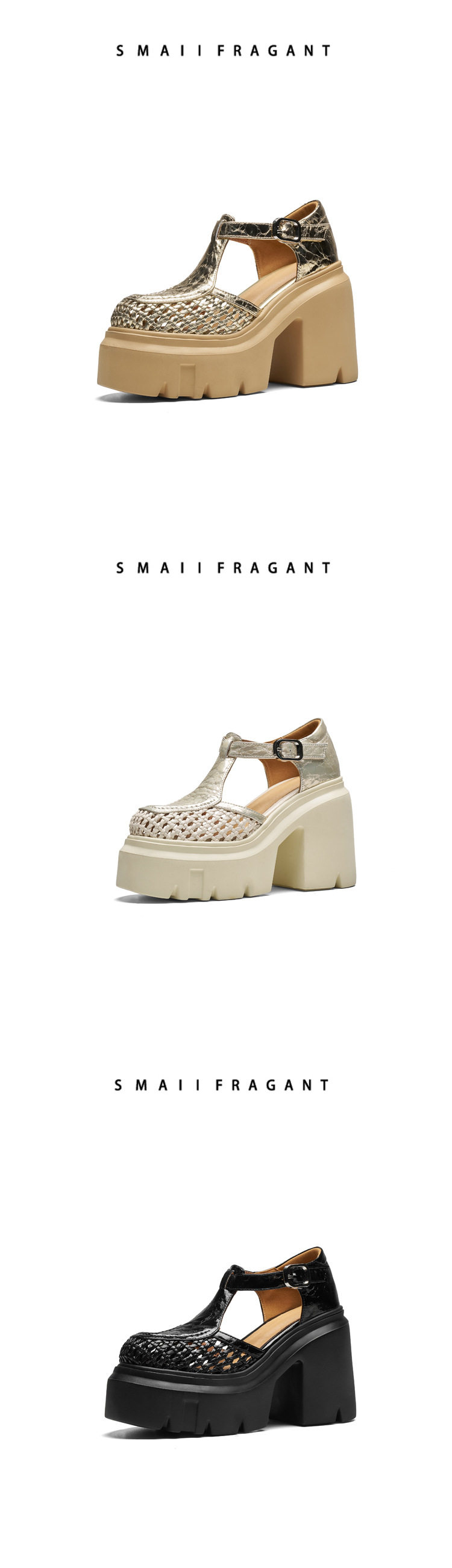 Sandal cao gót nữ quai ngang mũi kín đan lát gót vuông 12 cm phong cách Mary Jane — [Trắng kem], [Đen], [Vàng nhạt] chi tiết 7