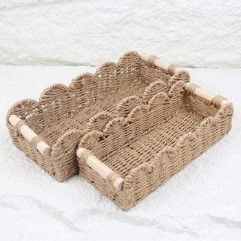 Household Paper Rope Woven Storage Basket Square Wave Pattern Woven Storage Basket with Handle Desktop Organizing Woven Basket