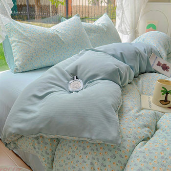 Class A small fresh color Zhu cotton four-piece set double-layer yarn small floral small Zhu cotton bed sheet quilt cover three-piece set bed hat
