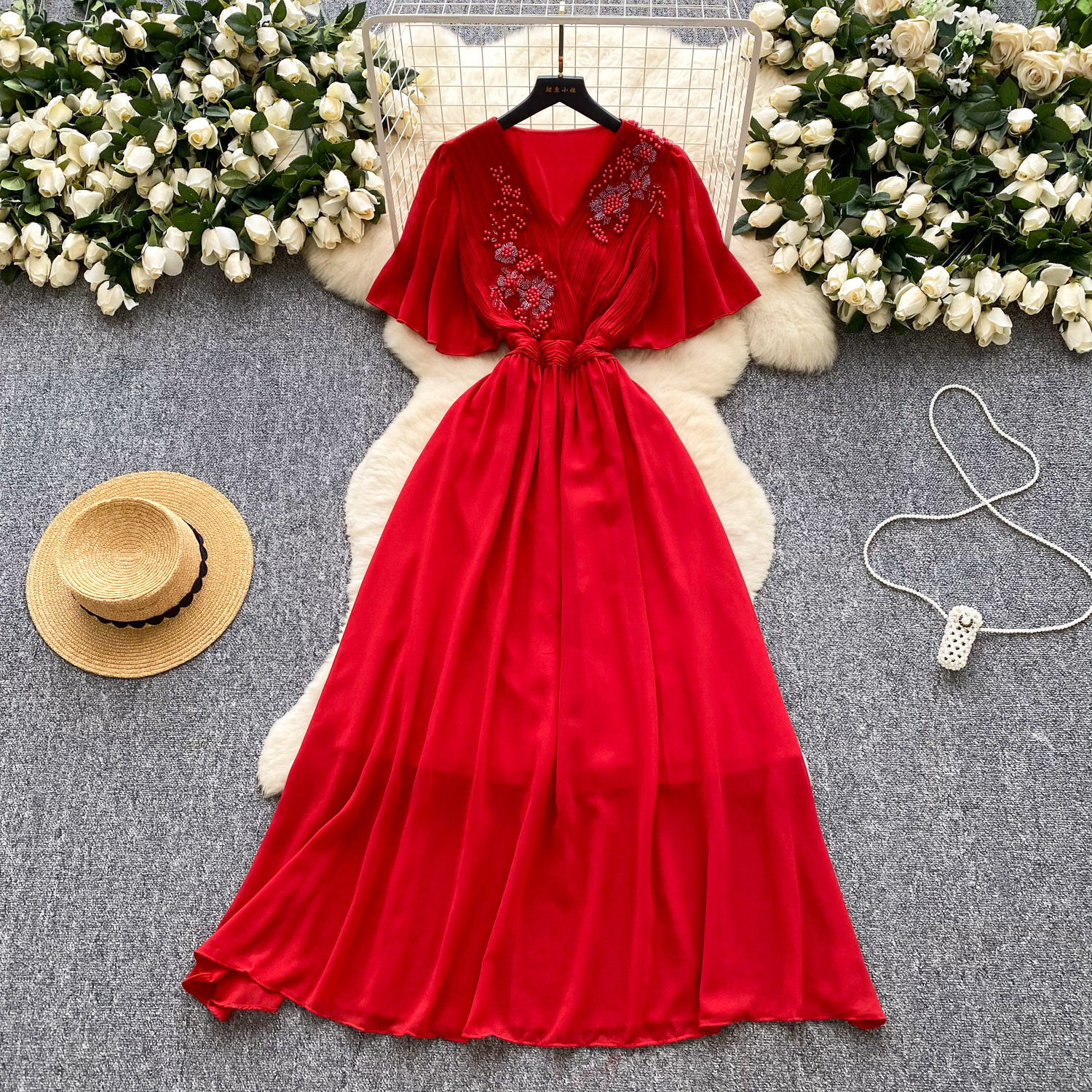 Vintage French Style V Neck Dress Elegant Pleated Design with Beading Summer Long Dress for Sophisticated Women