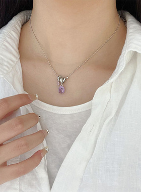 时尚简约紫色滴油椭圆锆石吊坠项链轻奢优雅减龄通勤锁骨链女