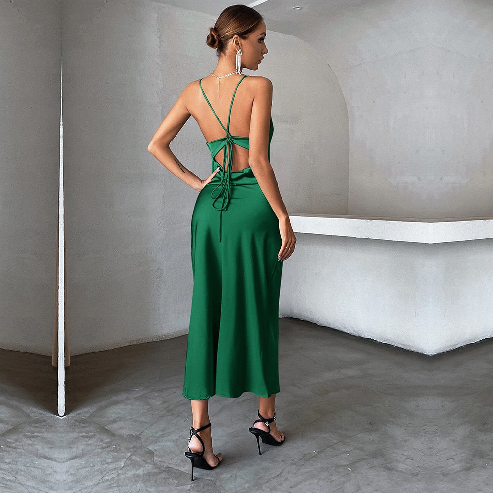 Satin Slip Dress Solid Color Elegant Design Sleeveless Perfect for Parties and Gatherings Wholesale Available