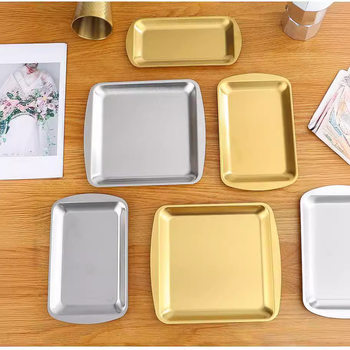 304 Korean-style Stainless Steel Plate Golden Rectangular Tray Kitchen Square Plate Household Commercial Oven Flat Bottom Tray