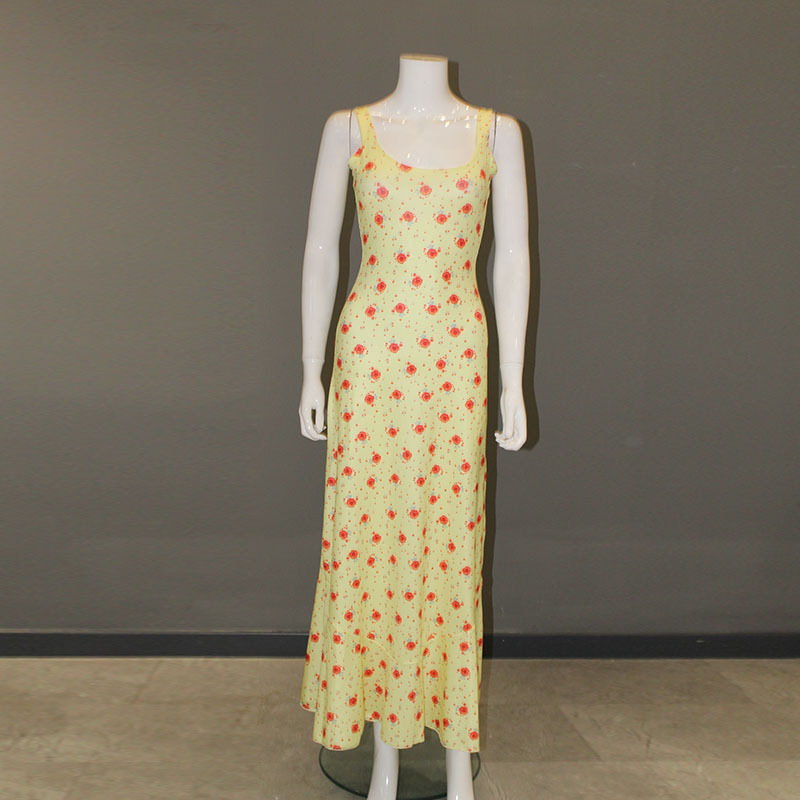 Summer Floral Print Maxi Dress Sweet Fresh Spaghetti Strap Mermaid Hem Milk Silk Fabric Beachwear Wholesale