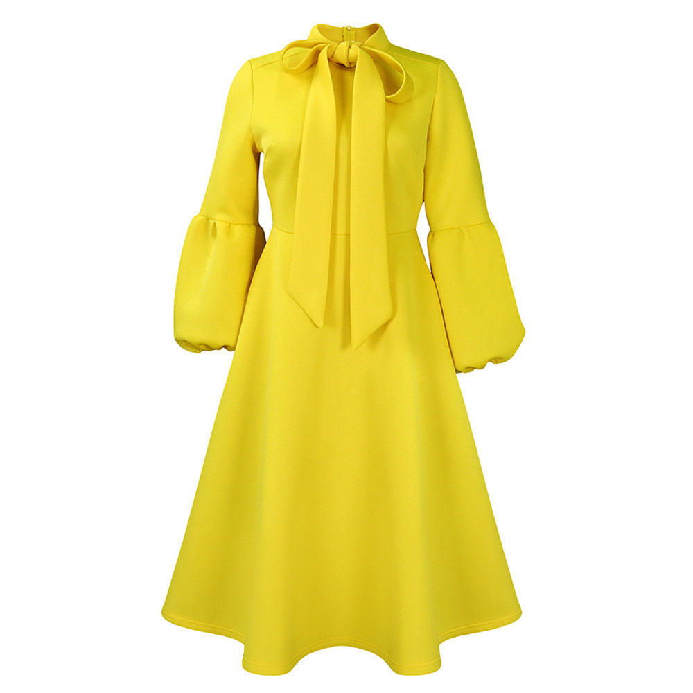 Fashionable High Waisted Lantern Sleeve Dress Plus Size Bow Tie Flared Skirt Spring Summer Occasion Wholesale