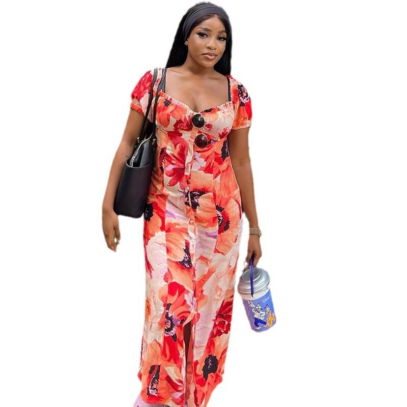 Bubble Short Sleeve U Neck Dress Fashionable Print Mid Length Button Cardigan Irregular Hem Casual Wear Wholesale