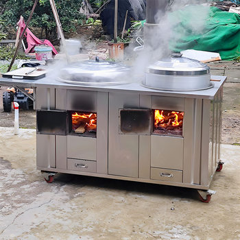 Stainless Steel Wood-Burning Stove for Indoor Smokeless Cooking, Mobile Large Pot Stove, Dual Stove for Outdoor Camping and Picnics
