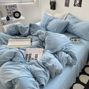 Ins-style Mother and Child Class A Pure Cotton Four-piece Set Naked Sleeping Solid Color Bed Sheet Quilt Cover Student Dormitory Washed Cotton Three-piece Set