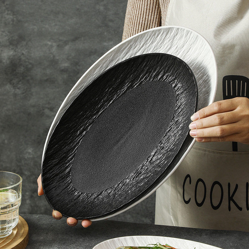 Simple Stone Pattern Ceramic Plate Oval Fish Plate Super Large Steamed Fish Plate Household Fine Dish Plate Underglaze Color High Temperature Resistance