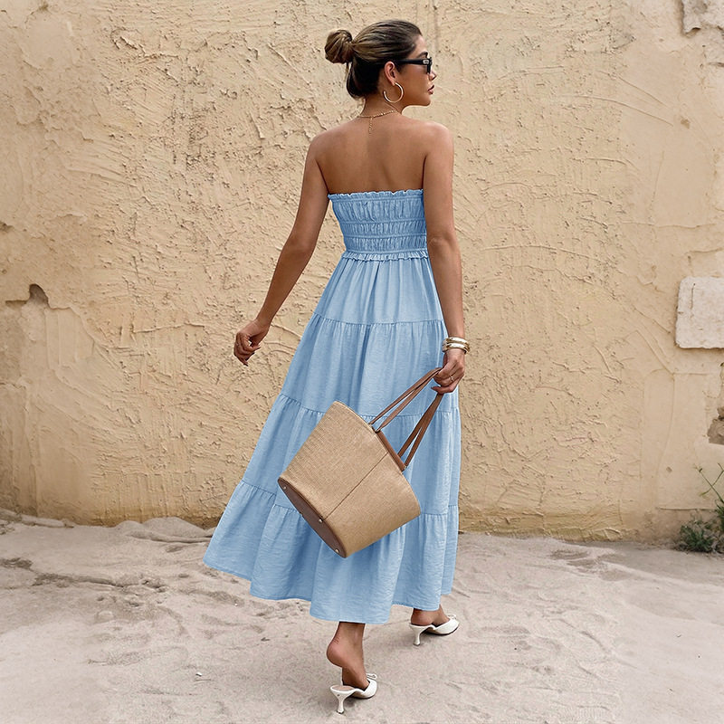 Blue Strapless Maxi Cake Dress Fresh Vacation Style Perfect for Summer Events Wholesale Available