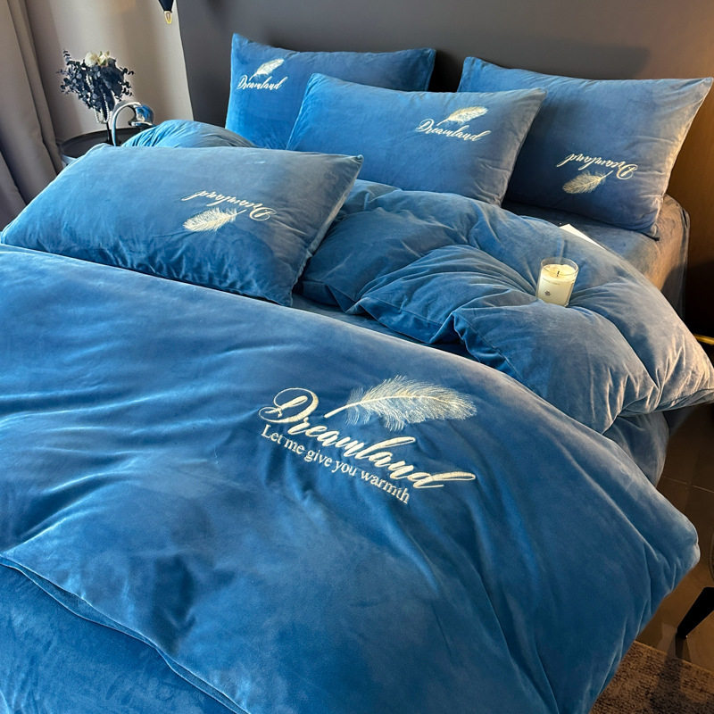 Milk Velvet Four-Piece Towel Embroidered Quilt Cover Bed Sheetss Crystal Velvet Three-Piece Set Pure Color Embroidered Bed Sheetss Bedding Home