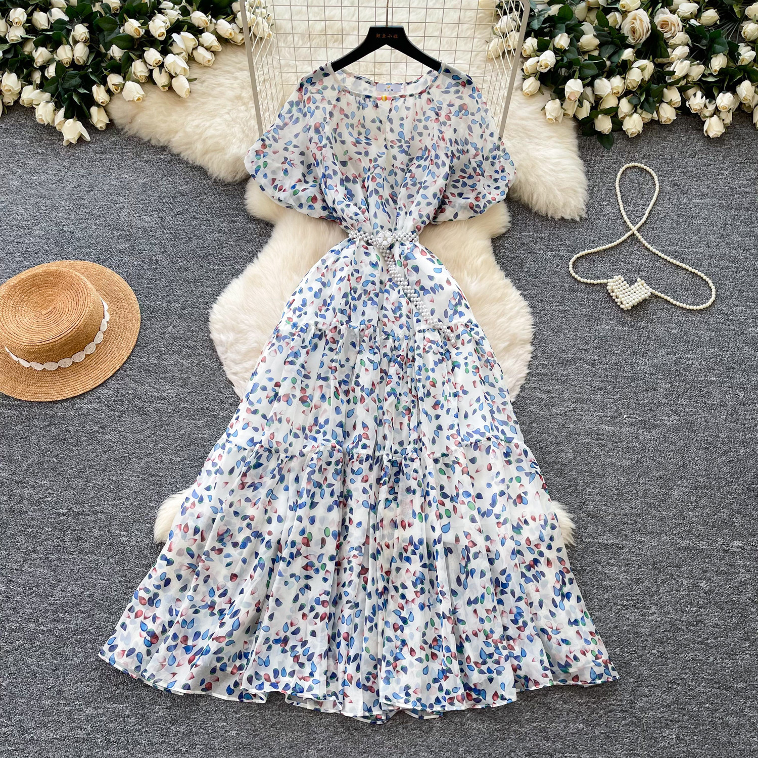 French Style V Neck Floral Dress Short Sleeve Waist Defining A Line Silhouette Summer Vacation Wear Wholesale
