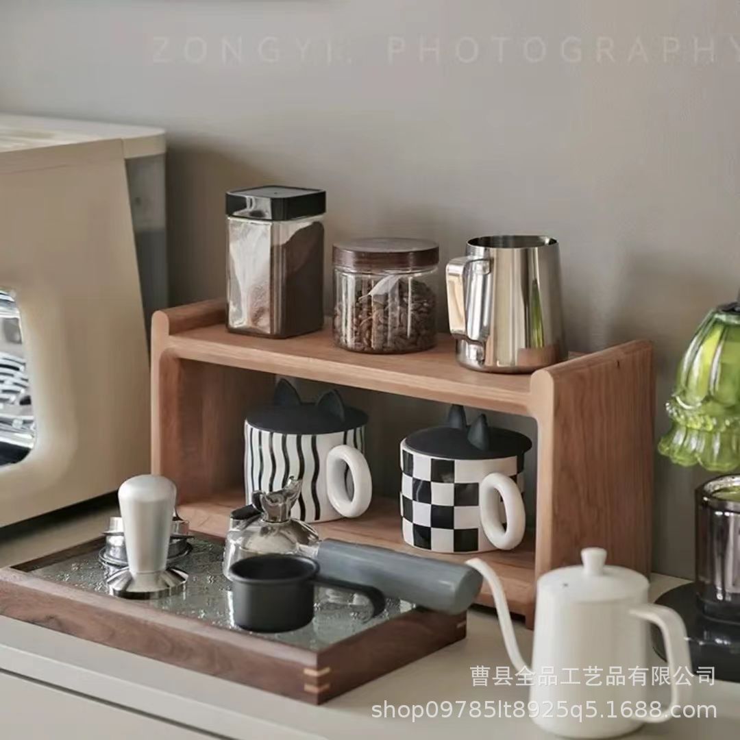 Wooden Storage Rack Nordic Japanese Style Desktop Solid Wood Storage Household Double-Layer Tea Set Coffee Cup Multi-Functional Storage