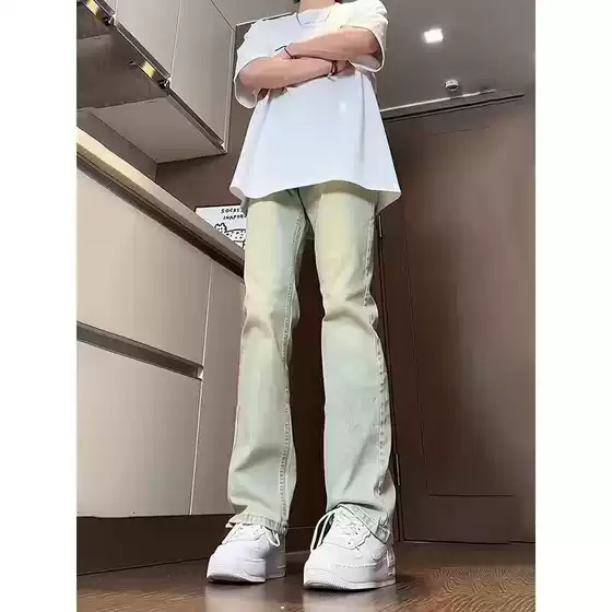 Daily Youth Micro-elastic regular Zipper Washed Yellow Mud Jeans Men's High Waist Machete Micro-trendy Denim
