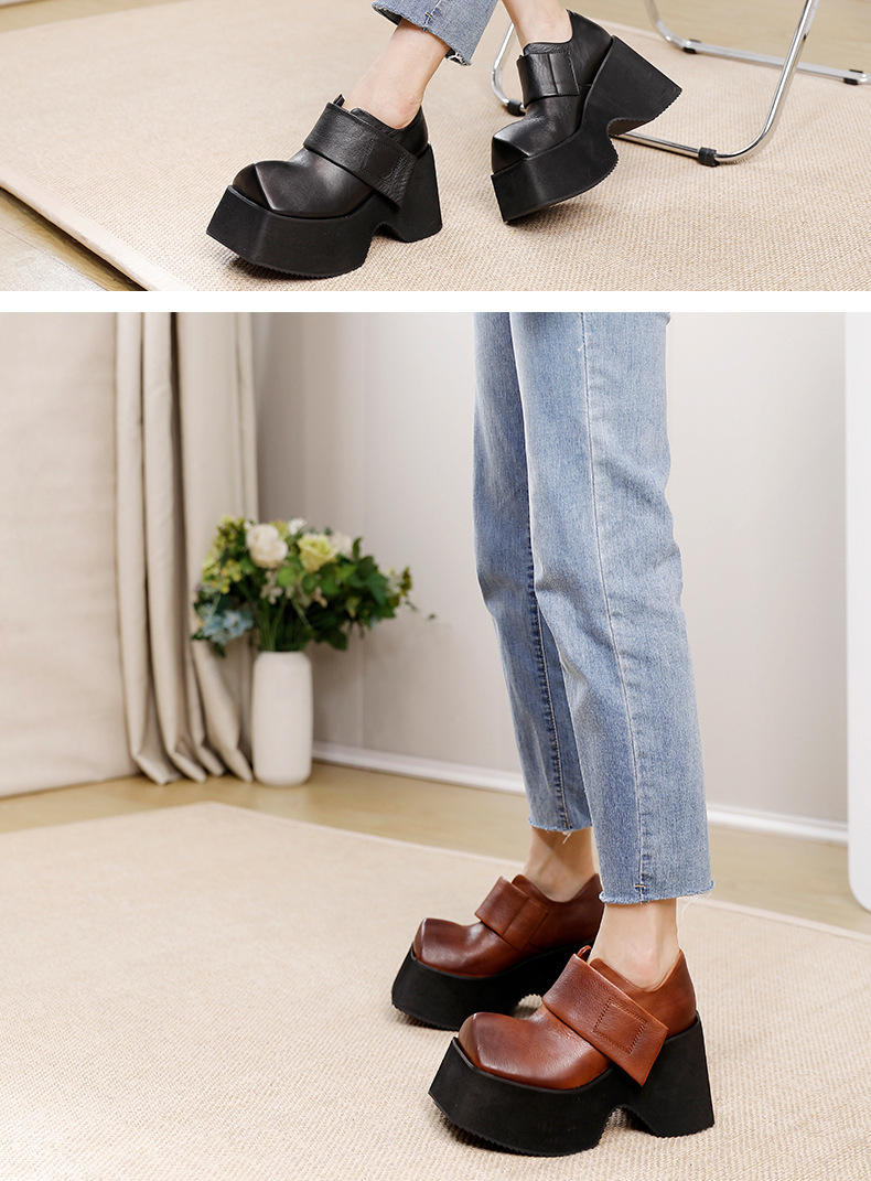 Giày cao gót nữ đế xuồng tăng chiều cao 10cm mũi vuông bằng da bò thật — Màu đen, Màu nâu