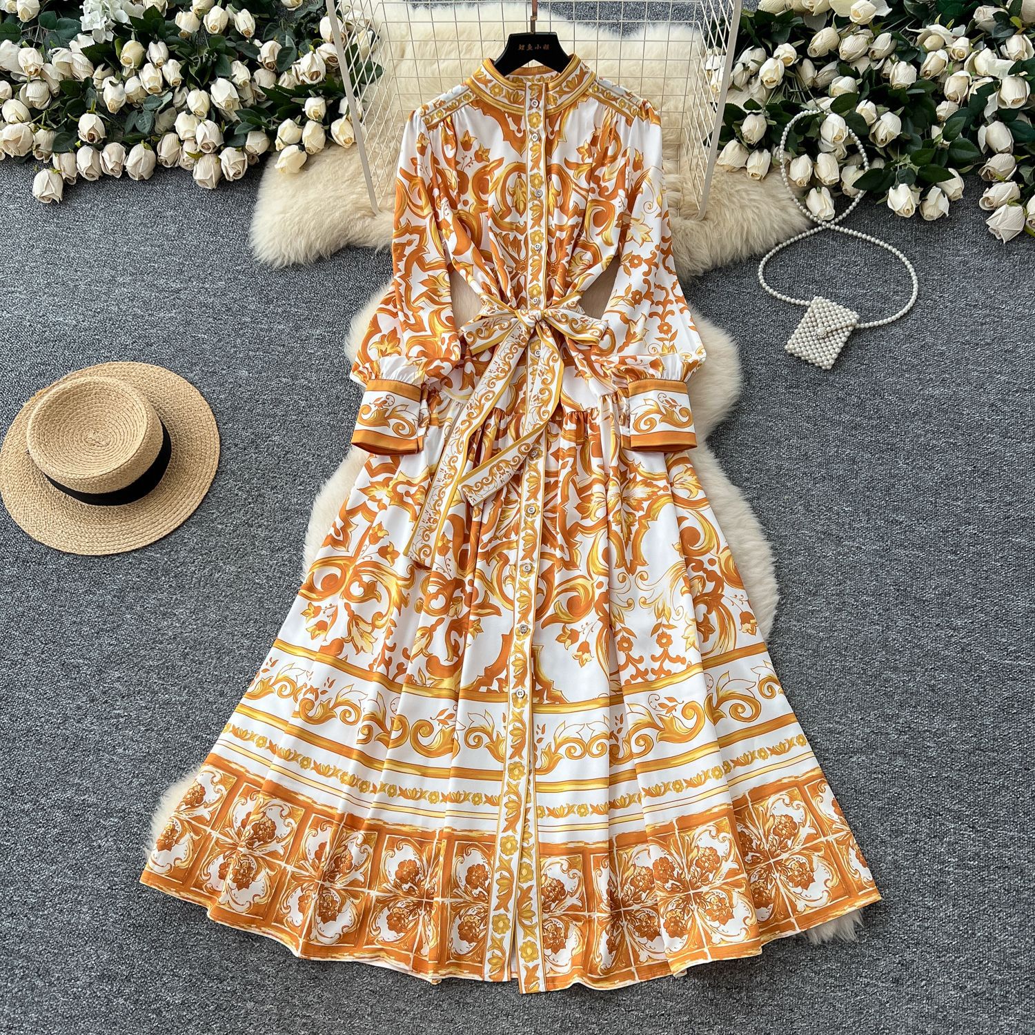 Vintage Floral Maxi Dress for Women Lantern Sleeves Stand Collar Button Closure Waist Tie Elegant Summer Style