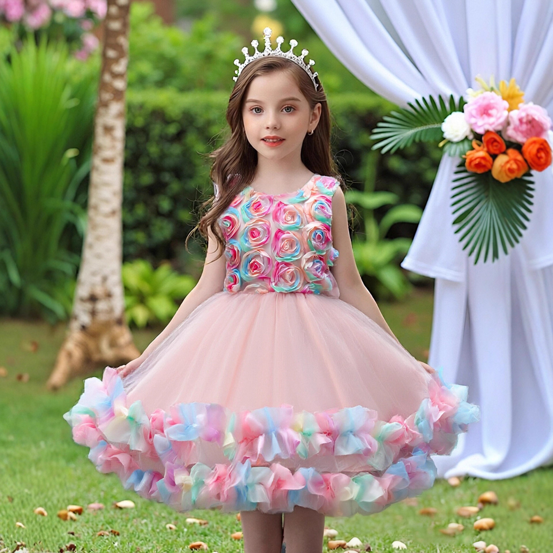 children's dress princess dress small and medium-sized children three-dimensional flower dress flower girl wedding dress