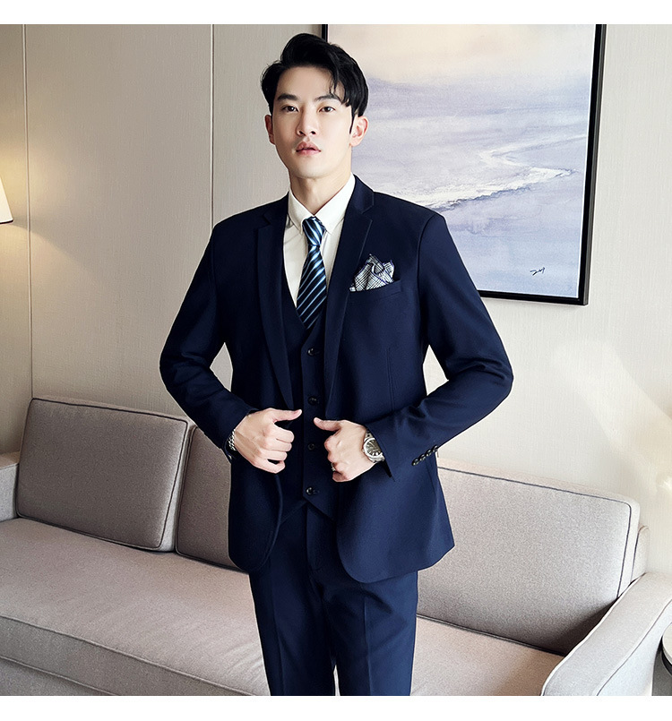 Bộ com-lê nam ba mảnh dáng ôm, áo vest một hàng khuy phong cách công sở — Màu xám (áo một nút + áo vest + quần), Màu xanh (áo một nút + áo vest + quần), Màu đen (áo một nút + áo vest + quần), Màu xanh navy (áo một nút + vest + quần)