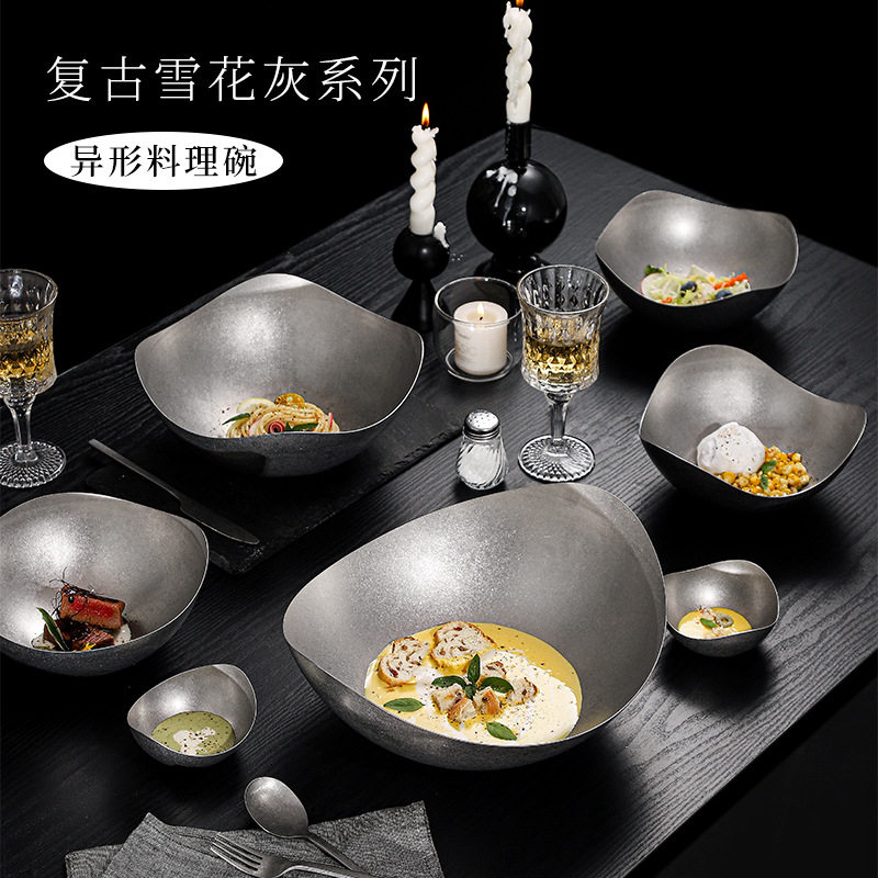 Retro Special-Shaped Plate, Creative Asymmetrical Plate, High-End Stainless Steel Outdoor Tableware, Home Commercial Western Food Plate