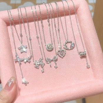 S925 Sterling Silver Diamond Zircon Necklace Women's Accessible Luxury Cute Full Diamond Clavicle Chain Korean Style High-End Personalized Accessories
