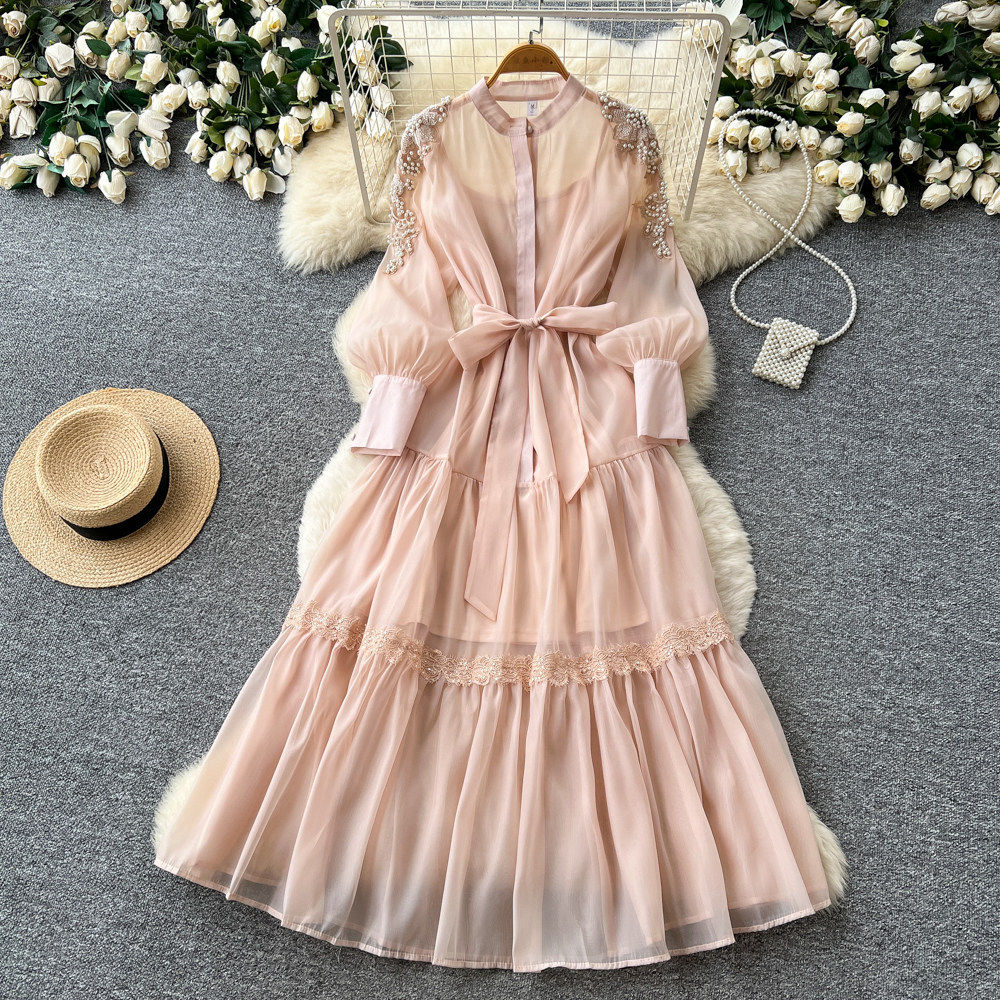 French Style Lantern Sleeve Embroidered Dress Beaded Waist Tie A Line Silhouette Elegant for Spring Wholesale