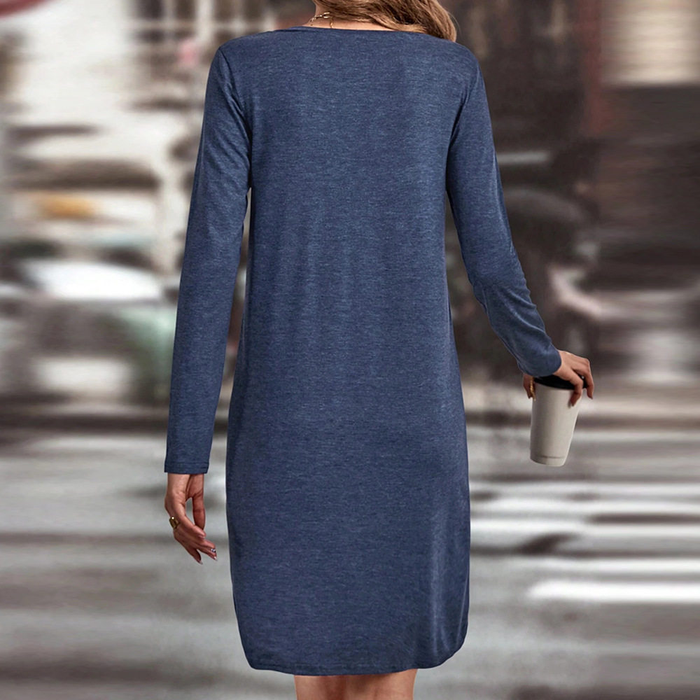 Loose Fit Solid Color Long Sleeve Dress V Neck Casual Style Spring Summer Fashion Wholesale Available