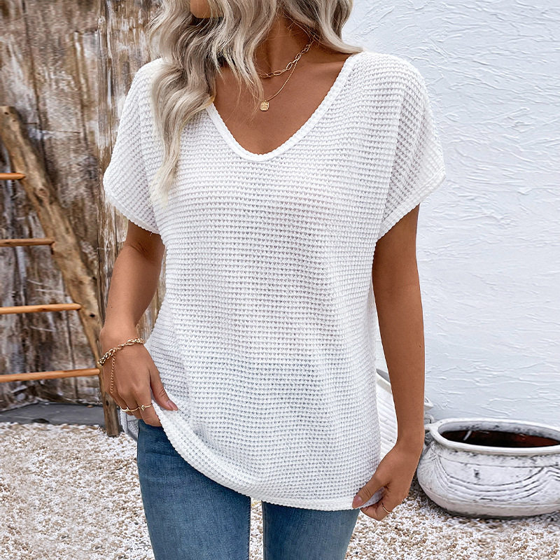 Casual Womens T Shirt V Neck Short Sleeve Hollow Out Design Summer Fashion Wholesale Available
