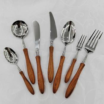 French Entry Luxury Middle Ancient vintage Original Wooden Handle Steak Knife and Fork Spoon 304 Yellow Wooden Tableware Ins Restaurant Wooden Handle Spoon