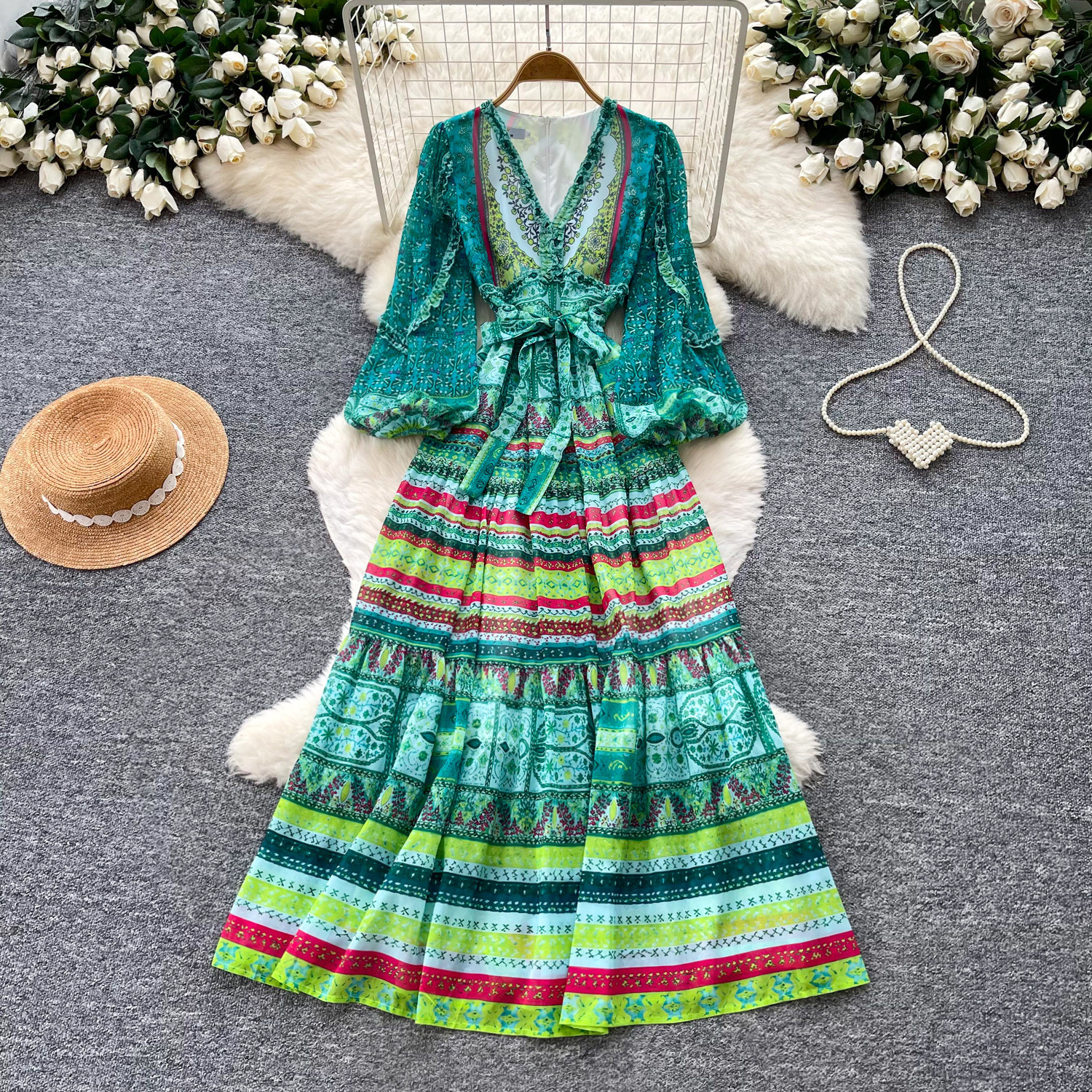 Bohemian Floral Maxi Dress for Women V Neck Long Sleeve Waist Tie A Line Silhouette Elegant Vacation Style