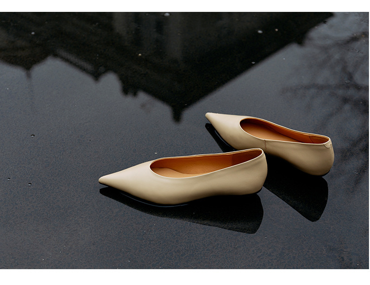 Giày cao gót nữ mũi nhọn gót thô 3cm da bò thật, giày slip-on thanh lịch dễ phối đồ — Chu Guli, Màu trà sữa, màu xanh mờ