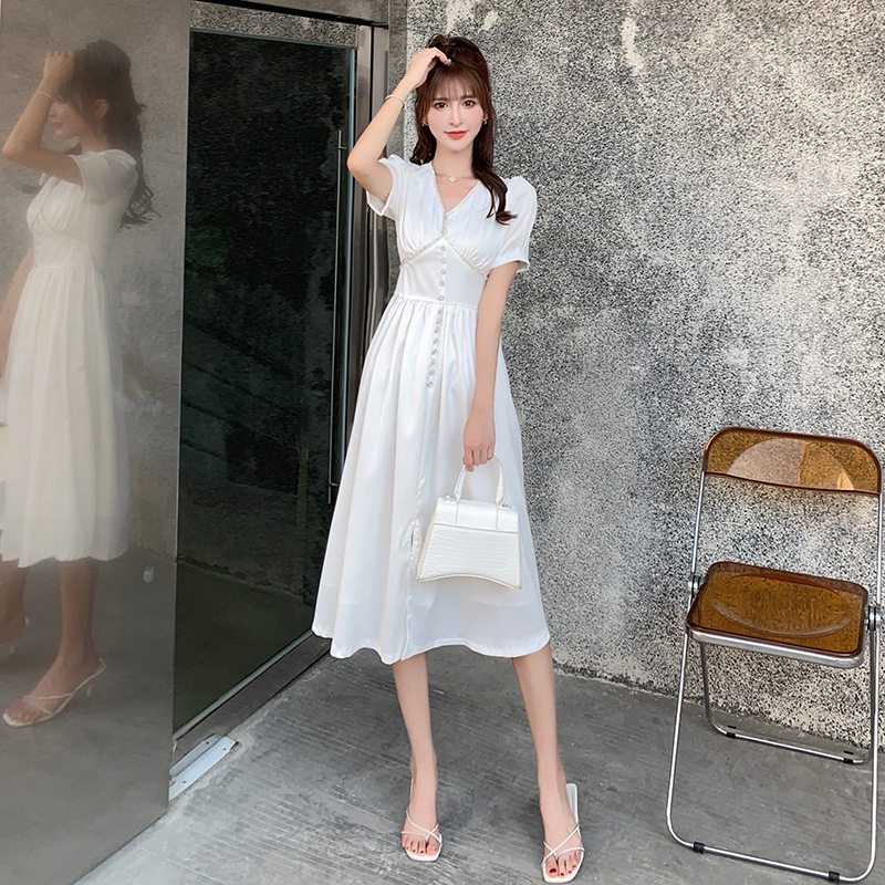 Đầm maxi nữ thắt eo cổ chữ V tay ngắn họa tiết kim cương — Trắng chi tiết 3